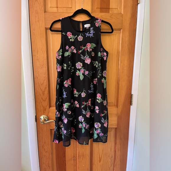 Calvin Klein Floral Embroidered Trapeze Shift Dress Size 10 Black Sleeveless - Picture 1 of 9